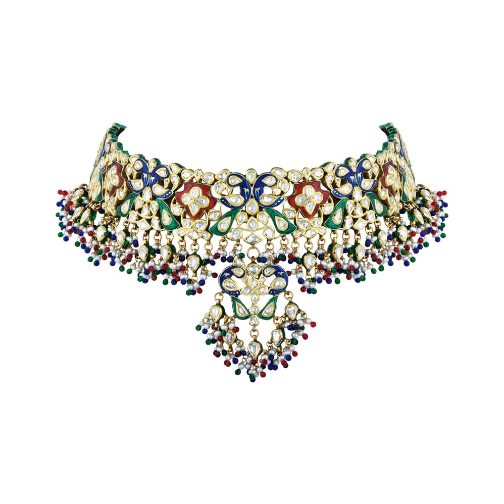 Polki Choker with Multicoloured Enamel and Beads